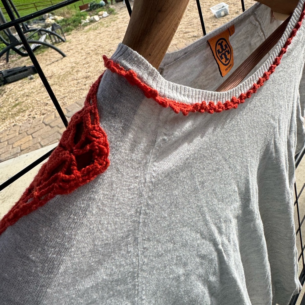 Tory Burch Gray Top with Red Accents - Picture 2 of 6